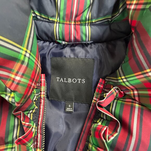Talbots Womens Plaid Tartan Ruffle Accent Puffer Jacket Small Navy/Green Pockets - Picture 3 of 8